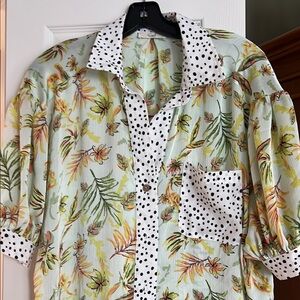 Easel Floral and Polka Dot Blouse - Green and White